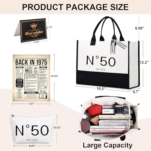 Lamyba 50th Birthday Gifts for Her, 50s Birthday Decorations for Women/Wife/Mom/Friends/Sister, no 50 Tote Bag & Cosmetic Bag & Back in 1975 Poster