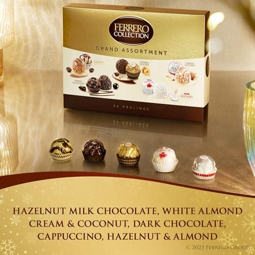 Ferrero Collection Grand Assortment, Hazelnut, Dark, Coconut, Almond, Cappuccino, Holiday Gift Box, 24 Count, 8.7 oz