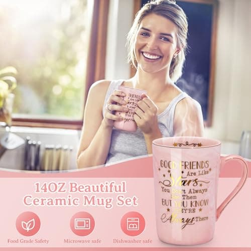 Best Friend Birthday Gifts for Women, Unique Friendship Gifts Ideas for Bestfriend, Female Besties, BFF Sister, 14oz Pink Marble Coffee Cup with Lid Spoon Card, Box, Best Friends Gift Basket Set of 6