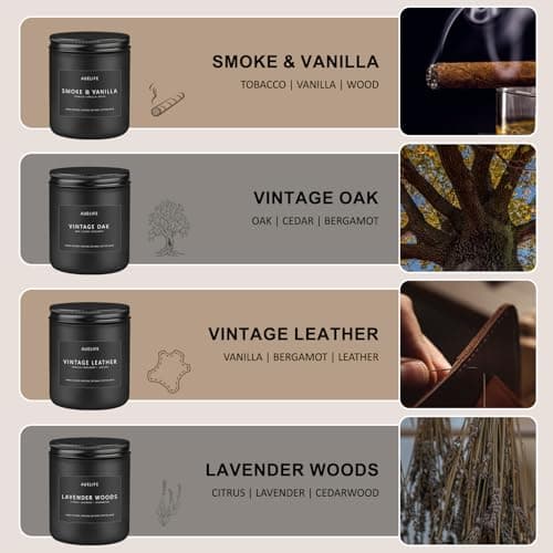 Auelife Scented Candles Set | Men Candle Set, Scented Candles for Home, Gifts for Men Aromatherapy Gift Set - 4 Pack Manly Gifts for Dad Fathers Day, Soy Candle of Leather/Smoke & Vanilla/Oak/Lavender