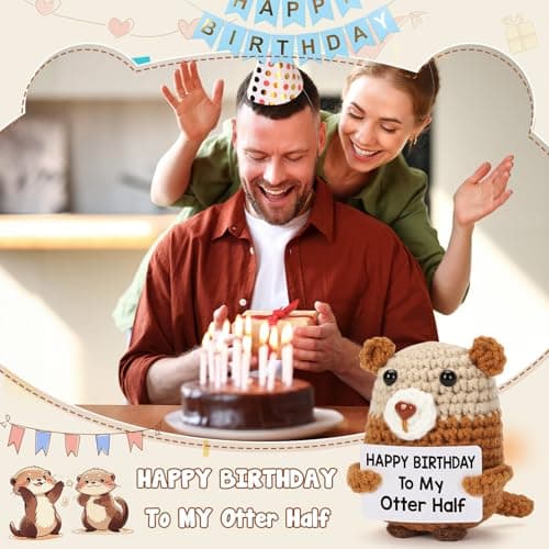 Birthday Gifts for Women Men - Happy Birthday to My Otter Half, Handmade Crochet Otter for Wife Husband Fiance, Cute Hand-Held Card for Him Her Boyfriend Girlfriend Lover