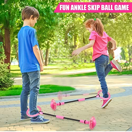Ankle Skip Ball for Kids - Foldable Flash Wheel Skip Ball, Outside Game Toys for Kids & Adults, Gift for Boys & Girls Age 5 6 7 8 9 10 Years Old, Pink