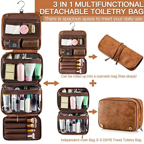 Elviros Hanging Toiletry Bag for Men Travel Essentials 3-in-1 Large Waterproof Dopp Kit PU Leather Shaving Bag with Separate Compartments for Grooming and Toiletries Mens Gift