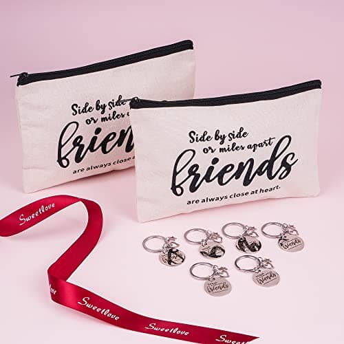 Kolewo4ever 12pc Friend Appreciation Gift Set: 6 Cosmetic Bags & 6 Keychains, White, Letter Print, Zipper Closure, Lightweight, Easy to Clean, Durable, Women Adults, Gift, Travel, Organization