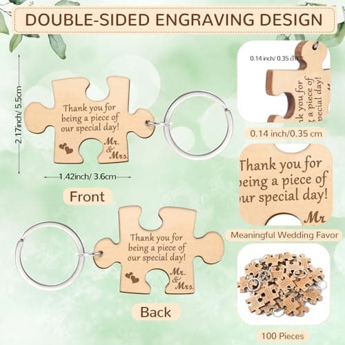 Sintuff 100 Sets Wedding Favors for Guests Rustic Wood Puzzle Keychain Thank You Card Organza Bag Wedding Party Bridal Shower Souvenir