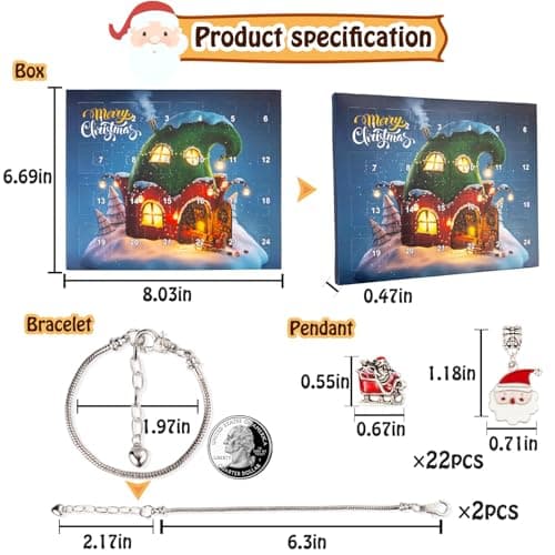 Christmas Advent Calendar Bracelets 2025 for Girls 24 Days Xmas Countdown Calendar DIY Jewelry Making Kit Gift 22 Charm Beads 2 Bracelets for Kids Teens Women