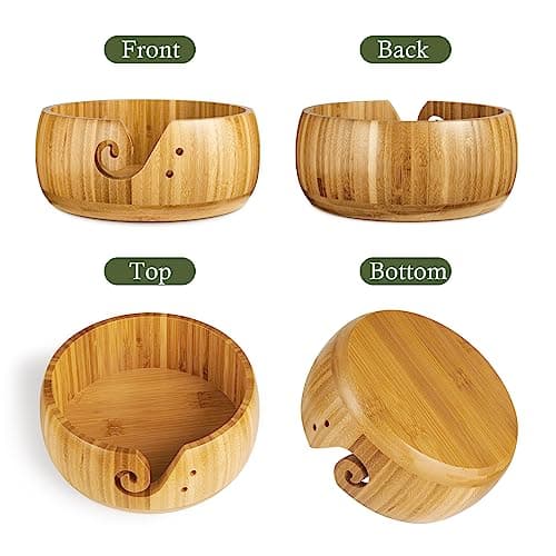 Wooden Yarn Bowl Holder, Craft Knitting Bowl with 8pcs Metal Crochet Hooks, 7.9''Large Yarn Holder Dispenser Yarn Storage Bowls, for Knitters & Crocheters (Bamboo 7.9 inch)