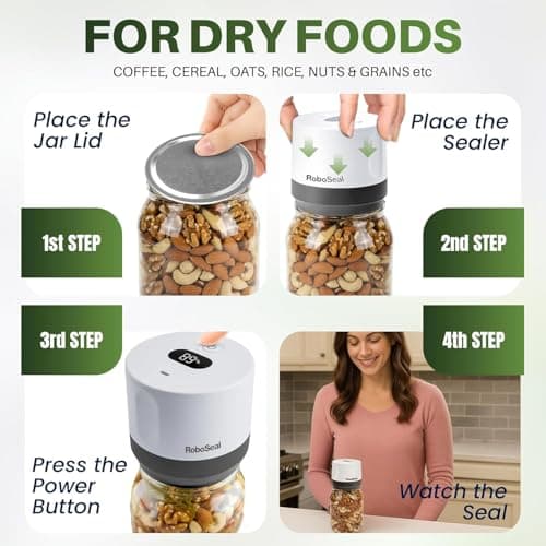 RoboSeal Rechargeable Mason Jar Vacuum Sealer for Mason Jars Wide & Regular Mouth, One Touch Operation, 10 Jar Lids and Jar Opener Included, Digital Battery Indicator, Preserves Foods 5x Longer