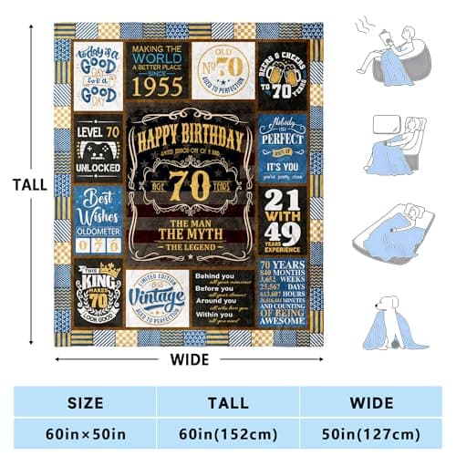 70th Blanket 60 x 50 inch, 70th Birthday Gifts for Men, Best Gifts for 70 Year Old Man, 70 Year Old Birthday Gifts for Men, 1955 Birthday Gifts for Dad, Mens 70 th Birthday Gift Ideas