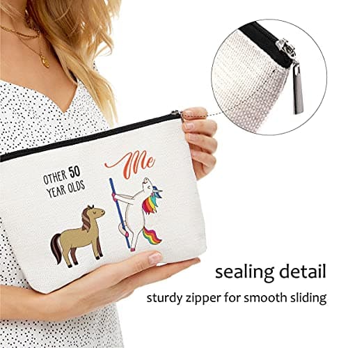 Blue Leaves 50th Birthday Gifts for Women - 1975 Birthday Gifts for Women, 50 Years Old Birthday Gifts Makeup Bag for Mom, Wife, Friend, Sister, Her, Colleague, Coworker(Makeup bag-50th Unicorn)