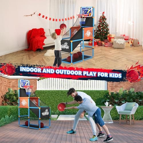 Arcade Basketball Game Set Boy Toys: Indoor Basketball Hoop with 4 Balls Outdoor Sports Toy for Kids 3-12 Years Old Adjustable Height with Air Pump Kid Party Games Birthday Gifts for Boys Girls Teens
