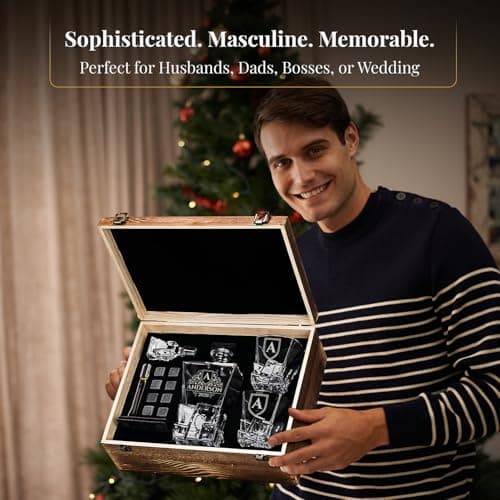 shop4ever Custom Engraved Monogram Year, Chunky Heavy Liquor/Bourbon Decanter with Glasses, Whiskey Stones, Coasters & Tongs, Premium Whiskey Gift Set for Men, Husband, Dad
