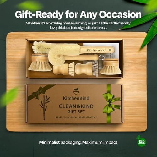 Clean & Kind Gift Set – Premium 6-Piece Eco-Friendly Bamboo Kitchen Brush Set with Natural Bristles & Wooden Handles