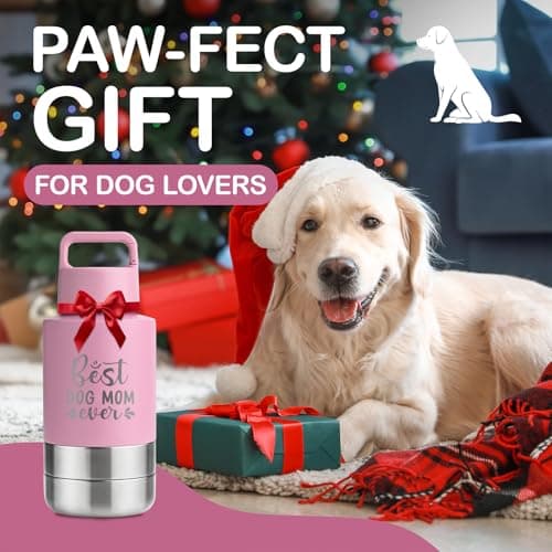 Insulated Dog Travel Water Bottle With Detachable Bowls, Ideal Dog Mom Gifts for Women, Portable Water Bottle Dispenser, For Walking, Hiking, Camping, Outdoor (Pink:Best Dog Mom, 32 Oz)