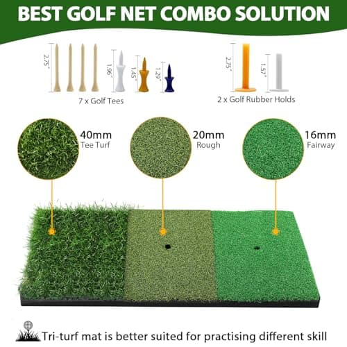 Golf Net, 10x7 Ft Practice Hitting Golf Net with Tri-Turf Mat, Ball, Tee, and Carring Bag, All-in-One Multi-Target Training Aid for Outdoor/Indoor Chipping & Driving, Ideal Gift for Men/Enthusiasts