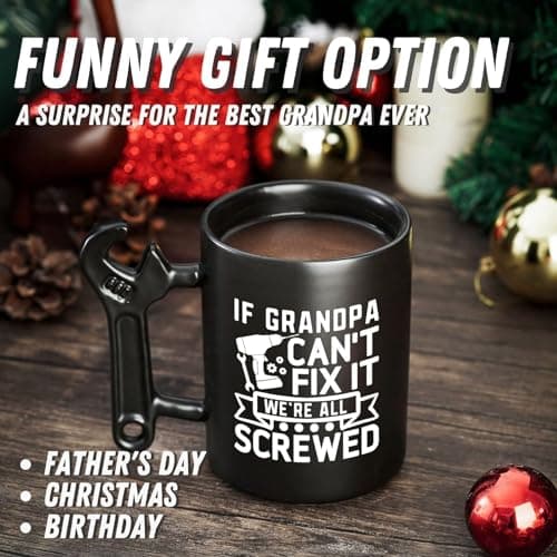 Onebttl Grandpa Gifts Wrench Coffee Mug, Grandfather Gift from Granddaughter and Grandson, 13.5oz/400ml Funny Ceramic Mug for Christmas, Father's Day - Grandpa Can Fix