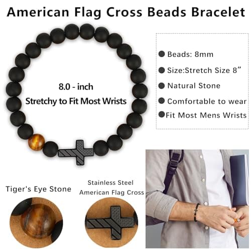 Gifts for Dad New Dad Stepdad Husband, American Flag Cross Beads Bracelet Jewelry Gifts for Father Men from Daughter Son Wife
