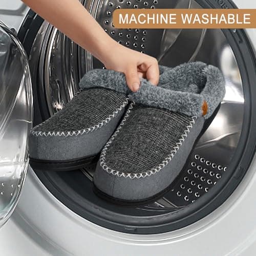 ATHMILE Men's Slippers Slip On Moccasin, Indoor Outdoor Warm Fuzzy Comfy House Shoes, Fluffy Wide Loafer Home Bedroom Slippers