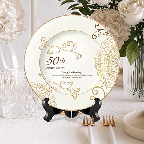 50th Anniversary Wedding Gifts for Couple/Parents/Grandparents, 50th Golden Presents for Marriage, Gold Porcelain Keepsake Plate with Stand, 10 inch