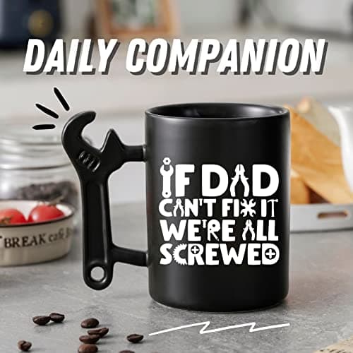 Onebttl Coffee Mug With Wrench Spanner Handle - Dad Gifts From Daughter and Son, 13.5oz Funny Ceramic Mug for Father's Birthday, Father's Day, Christmas - Dad Can Fix
