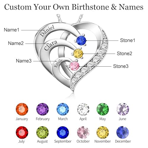 Easycosy Custom Name Necklace with Simulated Birthstones Customized Promise Necklace Heart Pendant with Engraved Names - Anniversary Birthday Jewelry Gifts for Women Wife Mom Grandma Mothers Day