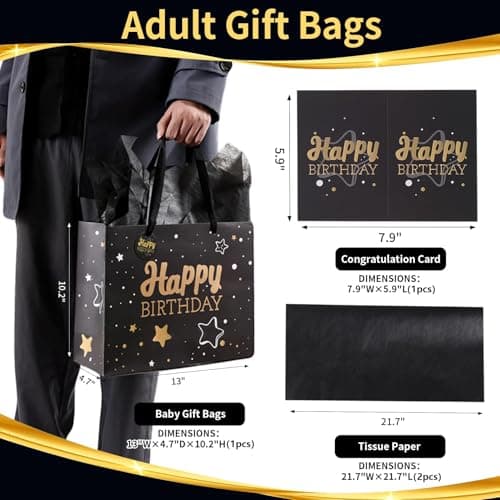 Black Birthday Gift Bag with Tissue Paper and Greeting Card, 13'x10.2'x4.9', Medium (1-Piece Set, Black Starry Sky, Unisex, Includes Card, Ribbon, Crinkle Paper)