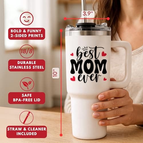 Vivulla68 Best Mom Ever Tumbler With Handle 40oz, Mommy Coffee Mug, Mama Tumblers, Momma Gift Ideas, Funny Birthday Present For Her, Cute Mother Day Gift Tumbler, Mom Cup