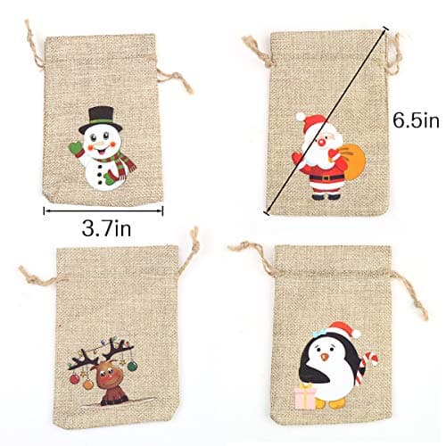 CCINEE 36pc Christmas Linen Bags with Drawstrings Christmas Burlap Goody Gift Bags with Double Jute Drawstrings, 4 designs Snowman, Santa Claus, Penguin and Reindeer