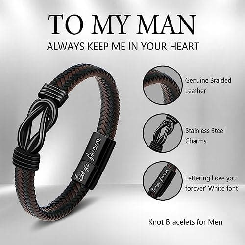 𝗞𝗻𝗼𝘁 𝗕𝗿𝗮𝗰𝗲𝗹𝗲𝘁 𝗚𝗶𝗳𝘁𝘀 𝗳𝗼𝗿 𝗠𝗲𝗻 Brown Braided Leather Stainless Steel Infinity Bracelets Lettering Love You Forever Gifts for Son Grandson Husband Boyfriend Brother Always Linked Together