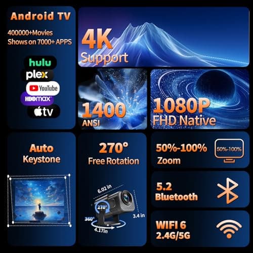【Built-in Apps】Projector 1080P Full HD, 4K Projector with 270° Rotation,Portable Projector WiFi 6 & Bluetooth 5.2 Support,Featuring Auto Keystone Correction,HDMI/USB Connectivity Projector Black