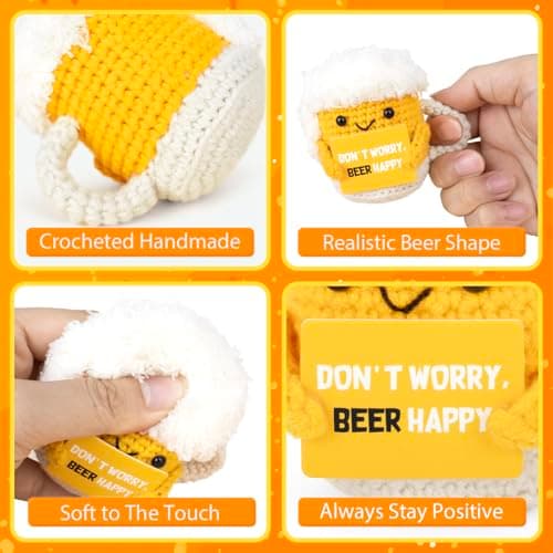 A AIFAMYFunny Positive Coffee, Emotional Crochet Doll, Cute Crochet Potato Partner Toy with Positive Card Cheer Up Funny Gag Gifts for Best Friend Birthday Women Teacher Fall（Beer