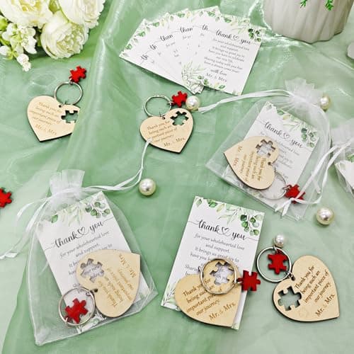 AerWo 50 Sets Wedding Favors for Guests, Wedding Party Favors with Rustic Wood Heart Puzzle Keychains Thank You Cards and Organza Bags, Wedding Gifts for Guests Wedding Bridal Shower Thank You Gifts