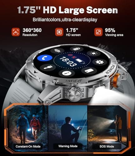 Military Smart Watch for Men 1000 mAh Battery/3 Bands/Flashlight,1.75'' HD Display Smart Watch with Call,IP68 Waterproof Fitness Tracker with Heart Rate,Sleep Monitor,100+ Sport Modes,for iOS Android