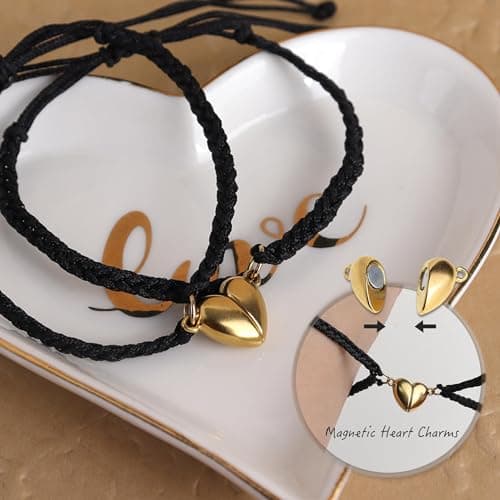 Matching Bracelets for Couples, Gold Heart Initial Friendship Adjustable Bracelet Women Cute Match Charm Letter Name Black Braided Rope Valentines Bf Gf Friends Jewelry Gift
