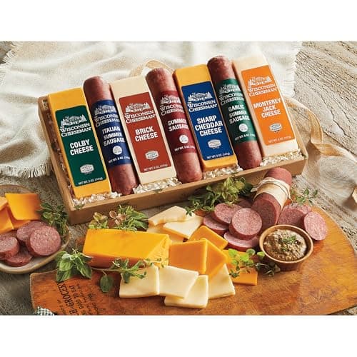 The Wisconsin Cheeseman 21 Favorites Food Gift Box with Assorted Summer Sausage Meats & Cheese Bricks w/Meat and Cheese Combo Featuring Italian, Original and Garlic Summer Sausage