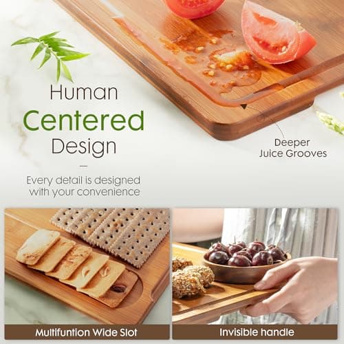 Astercook Deep-Carbonized Bamboo Cutting Boards for Kitchen with Wood Storage Stand, Reversible Charcuterie & Chopping Boards with Juice Grooves and Easy-Grip Handles, Knife-Friendly, Kitchen Gift