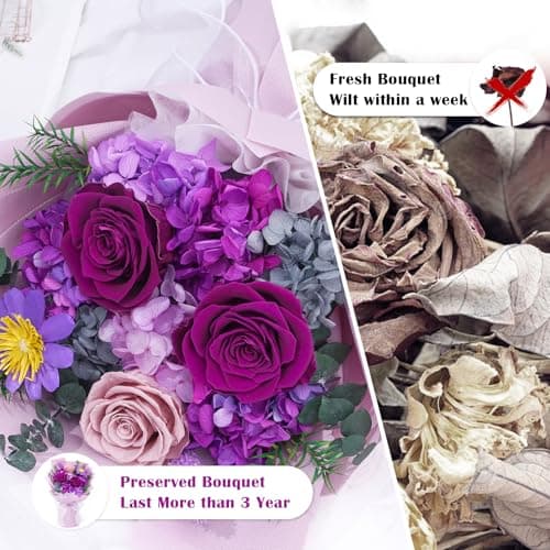 Waipfaru Preserved Flowers, Purple Fresh Bouquet with Gift Box, Flowers for Delivery, That Last 1-3 Years, Forever Flowers for Women Birthday Gift, Anniversary, Teacher, Mother Day