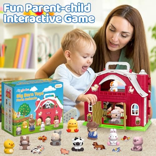 Aigybobo Farm Animals Big Barn Toys for 1 2 3 Year Old, Toddler Montessori Learning Toy, Farm Playset with Animal Figures and DIY Stickers, Christmas Birthday Gift for Baby Boys Girls Age 12-18 Months