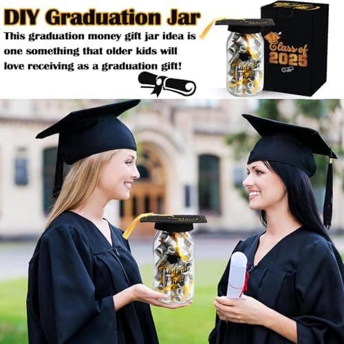 2025 Graduation Gifts for Her/Him- Lighted Graduation Mason Jar Filled with Money & Class of 2025 Cap Kit,Graduation Decorations Class of 2025 Graduation Centerpieces, Money Gift Ideas for Boys Girls