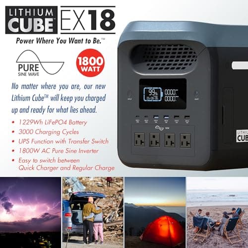 Wagan EL8840 Portable Power Station EX18 Lithium Cube Solar Generator 1229Wh LiFePO4 Battery Fast Charge 1800W 3000W peak AC 100W USB-C for Home Backup, Power Outages, Outdoor Camping, Off-grid
