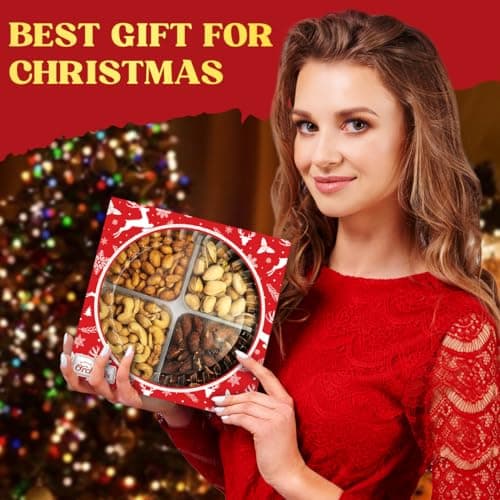 Christmas Nuts Gift Basket for Holiday Season, Premium Mixed Nut Assortment Gift Gourmet Snack Food Present Box, Christmas Gift Basket for Family (4 Sectional)