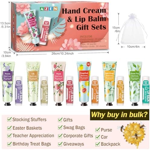 AZEN 30 Sets Bulk Gifts, Hand Cream and Lip Balm Bulk Set with Organza Bag Thank You Card, Baby Shower Wedding Gifts for Guests, Bridal Wedding Favors for Guests,Thank You Gifts for Women
