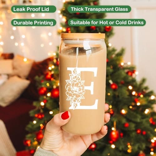 Coolife Initial Glass Cup, Monogrammed Gifts for Women, 16 oz Glass Cups w/Lids Straws, Iced Coffee Smoothie Beer Tumbler w/Straw Lid - Personalized Christmas, Birthday Gifts for Her Mom Friend Woman