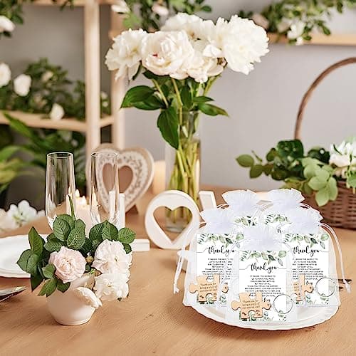 Sintuff 100 Sets Wedding Favors for Guests Rustic Wood Puzzle Keychain Thank You Card Organza Bag Wedding Party Bridal Shower Souvenir