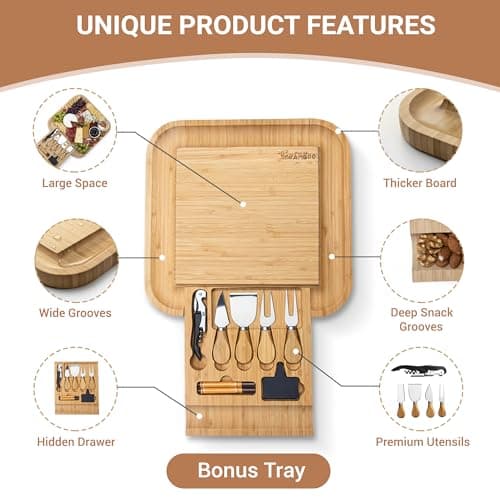 Charcuterie Board Set – Premium Bamboo Cheese Board with Slide-Out Knife Drawer – Complete Hosting Set for Wine Nights & Parties – Perfect Housewarming Gift and Wedding Gift for Couples