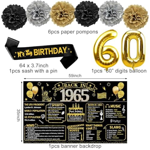 Zirtorei 60th Birthday Decorations for Men, 21pcs Vintage 1965 Banner Party Supplies, Black Gold 60 Year Old Birthday Backdrop, 60 Birthday Honeycomb Centerpiece Hanging Swirls Balloon Sash Gifts