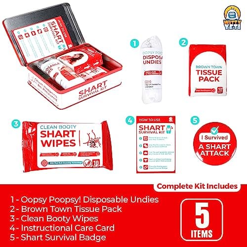 Funny Shart Survival Kit by Witty Yeti. Ultimate Poop Prank Gag Gift Set Contains Wet Wipes, Disposable Underwear, Tissues and Hilarious Badge. Novelty Fart Potty Pack Great for Friends or Family