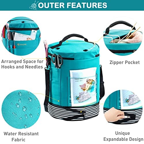 Expandable Crochet Bag - Knitting Bag Storage Organizer with Zipper Closure - Ideal Gift