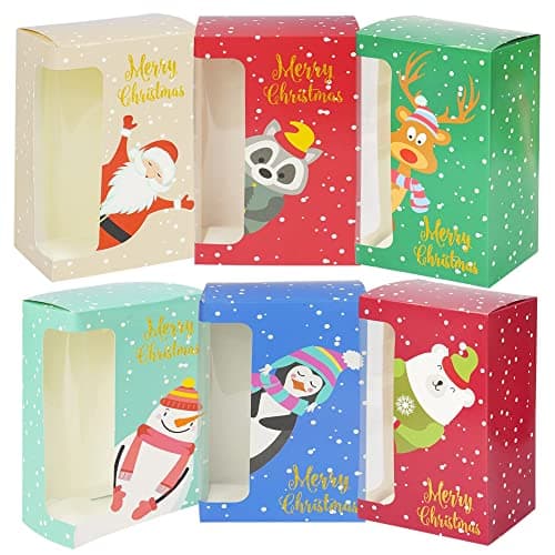 Uptotop Christmas Cookie Boxes, 24 Pcs Small Christmas Party Boxes with 6 Different Designs and Color, Xmas Bakery Pastry Boxes for Pastries, Cupcakes, Brownies, Donuts, 4" x 2.7" x 6.3"