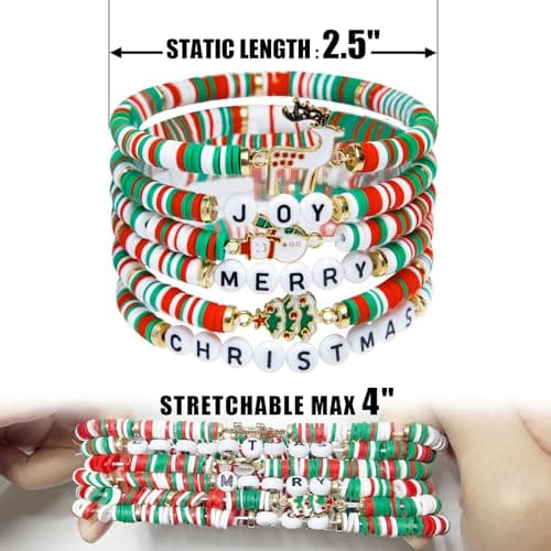 Artlunar 6 Pack Christmas Bracelets: Joy & Merry Candy-Style Stacks for Women & Teens - Perfect Christmas Gifts - Age 3 to Adult